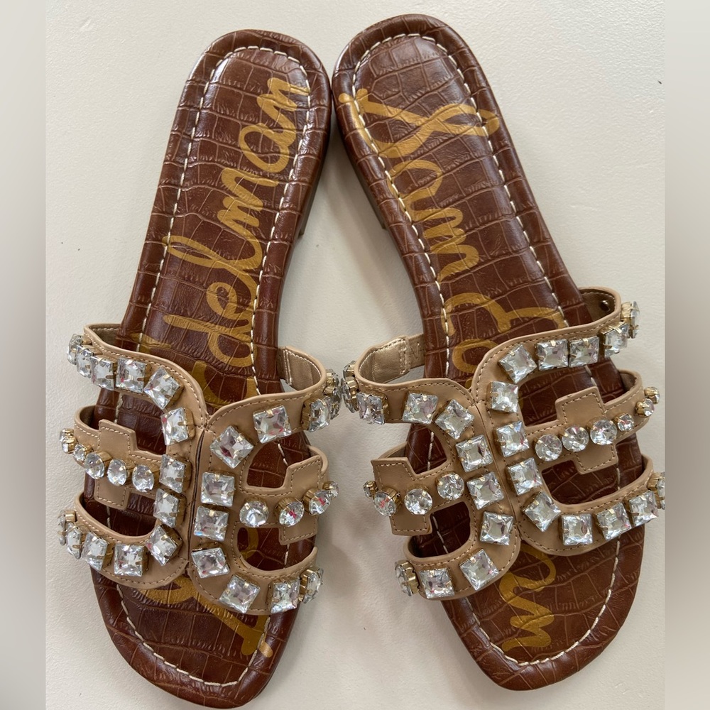 Sam Edelman Women's sz 8.5 brown/tan leather embellished cutout slide